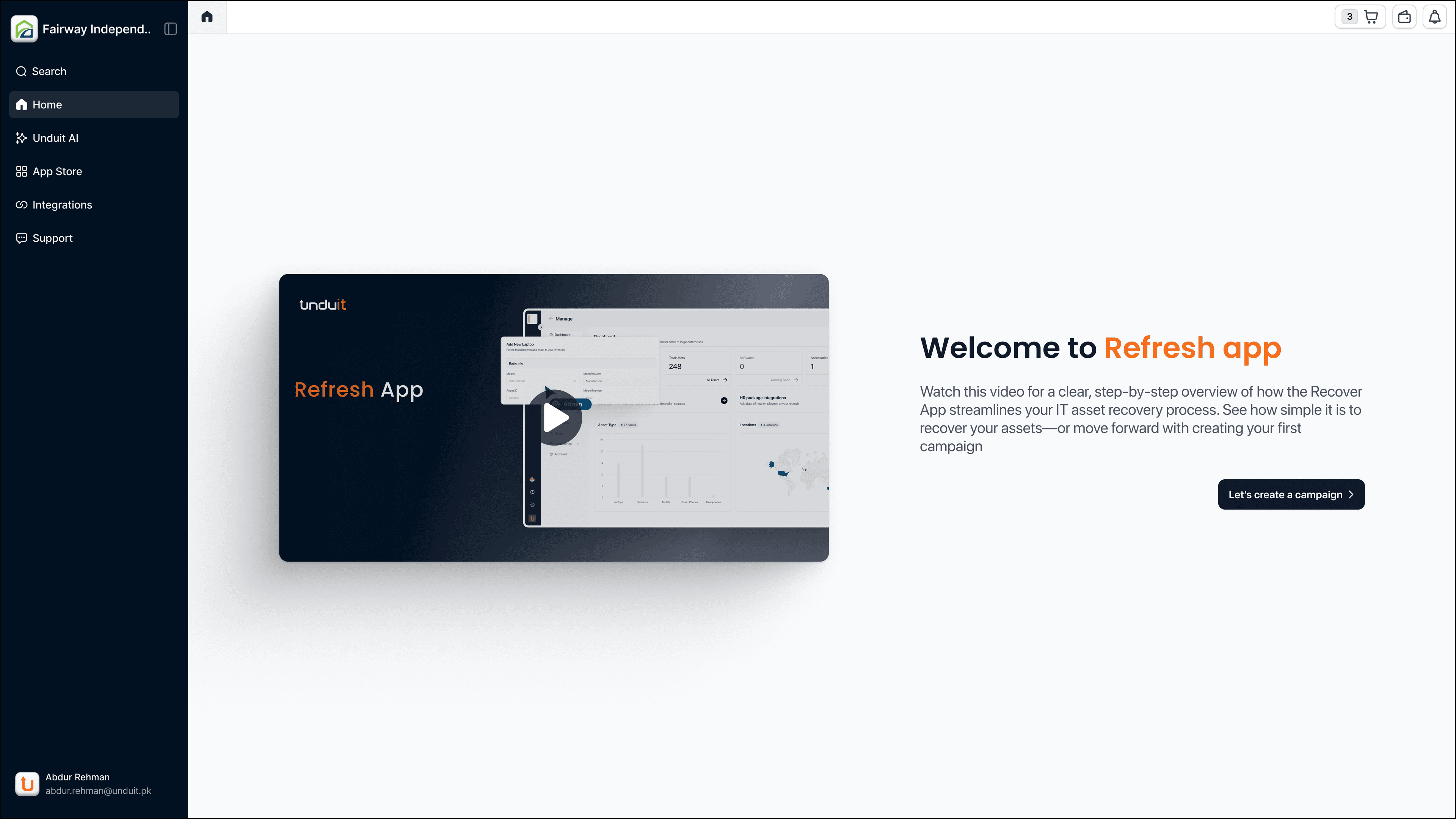 Welcome screen with onboarding video