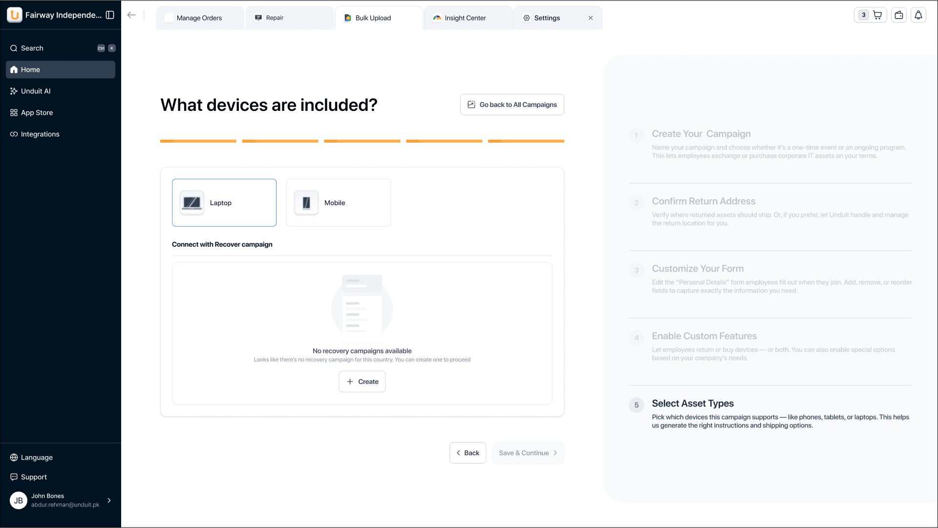 Device type selection screen